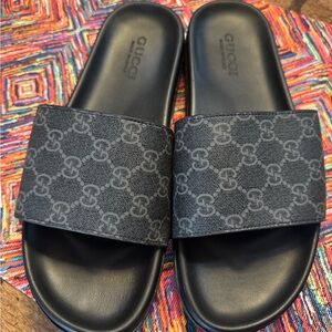 Gucci Dark Gray Monogram Slide Sandals Authenticity Not Verified.
